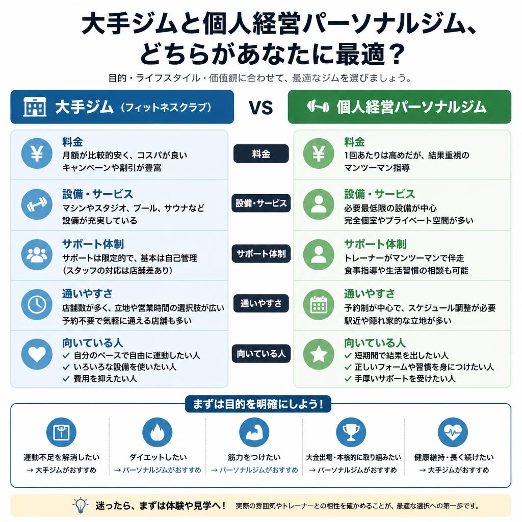大手ジムと個人経営パーソナルジム、どちらがあなたに最適？